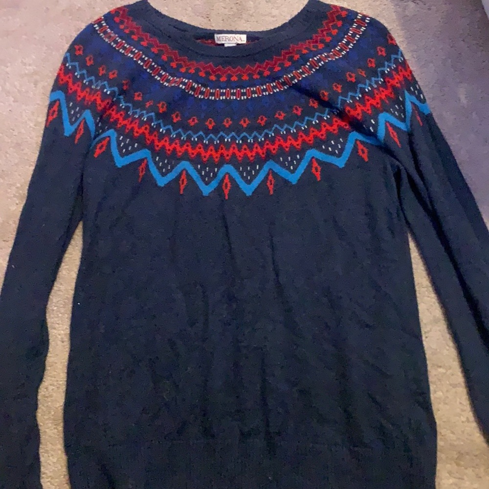 super comfy red and blue sweater